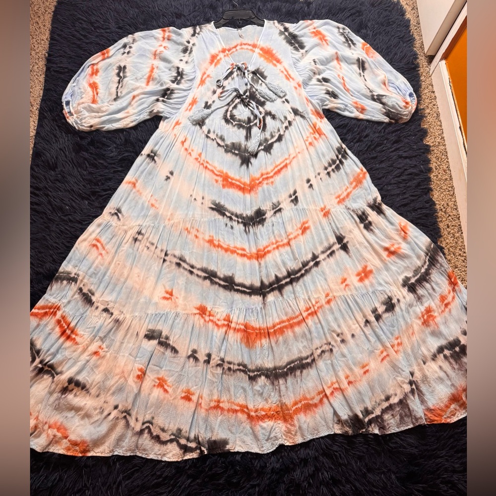 Young Fabulous & Broke Dawn Balloon Sleeve Tie Dye Dress Tangerine Radial. M - Picture 2 of 12